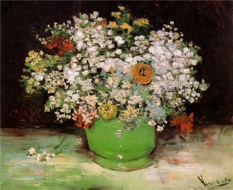 Vase With Zinnias And Other Flowers Van Gogh Oil Painting